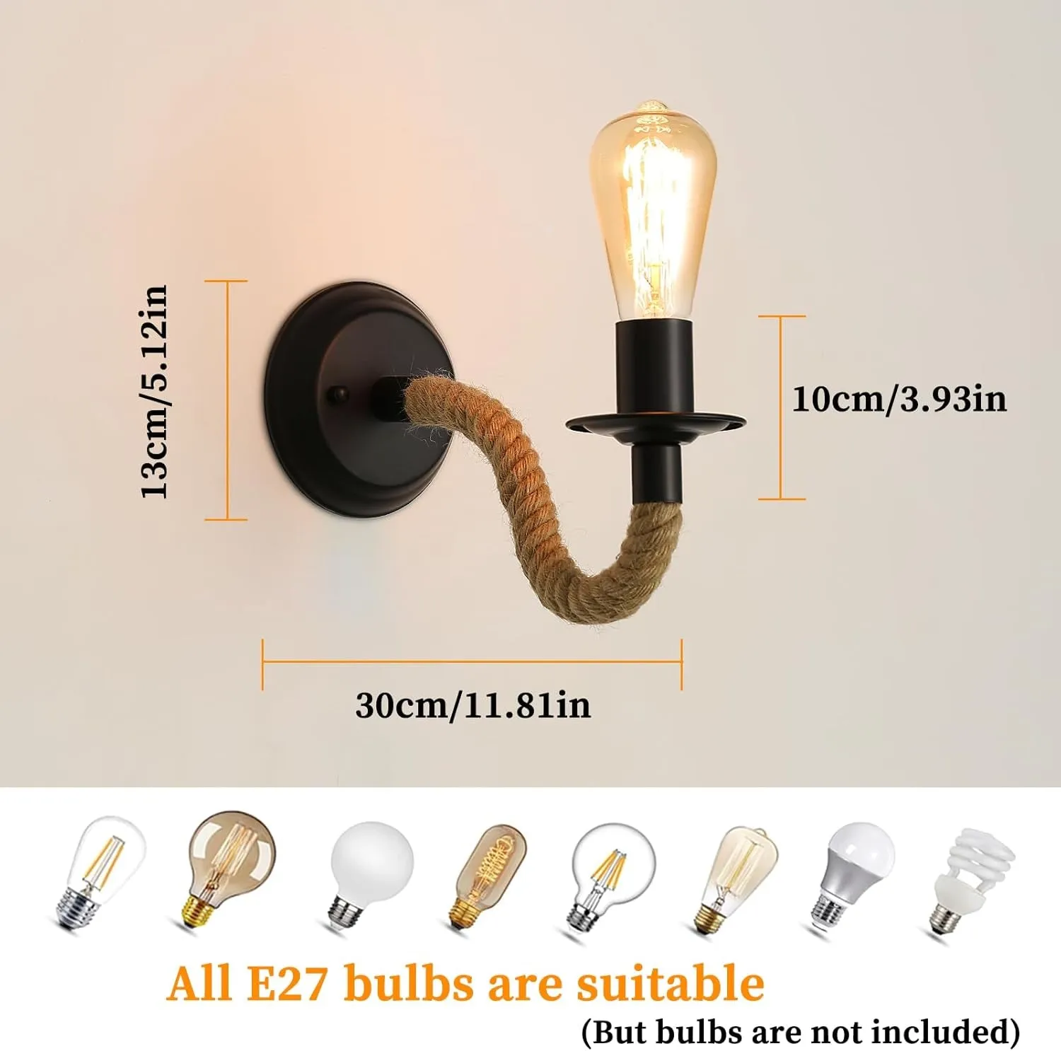 2 Packs Wall Lamp, Industrial Wall Light Sconce Fixture, E27 Hemp Rope Retro Adjustable Wall Lamp for Corridor Living Room Bedroom Cafe Bar Loft (Not Include Bulb)