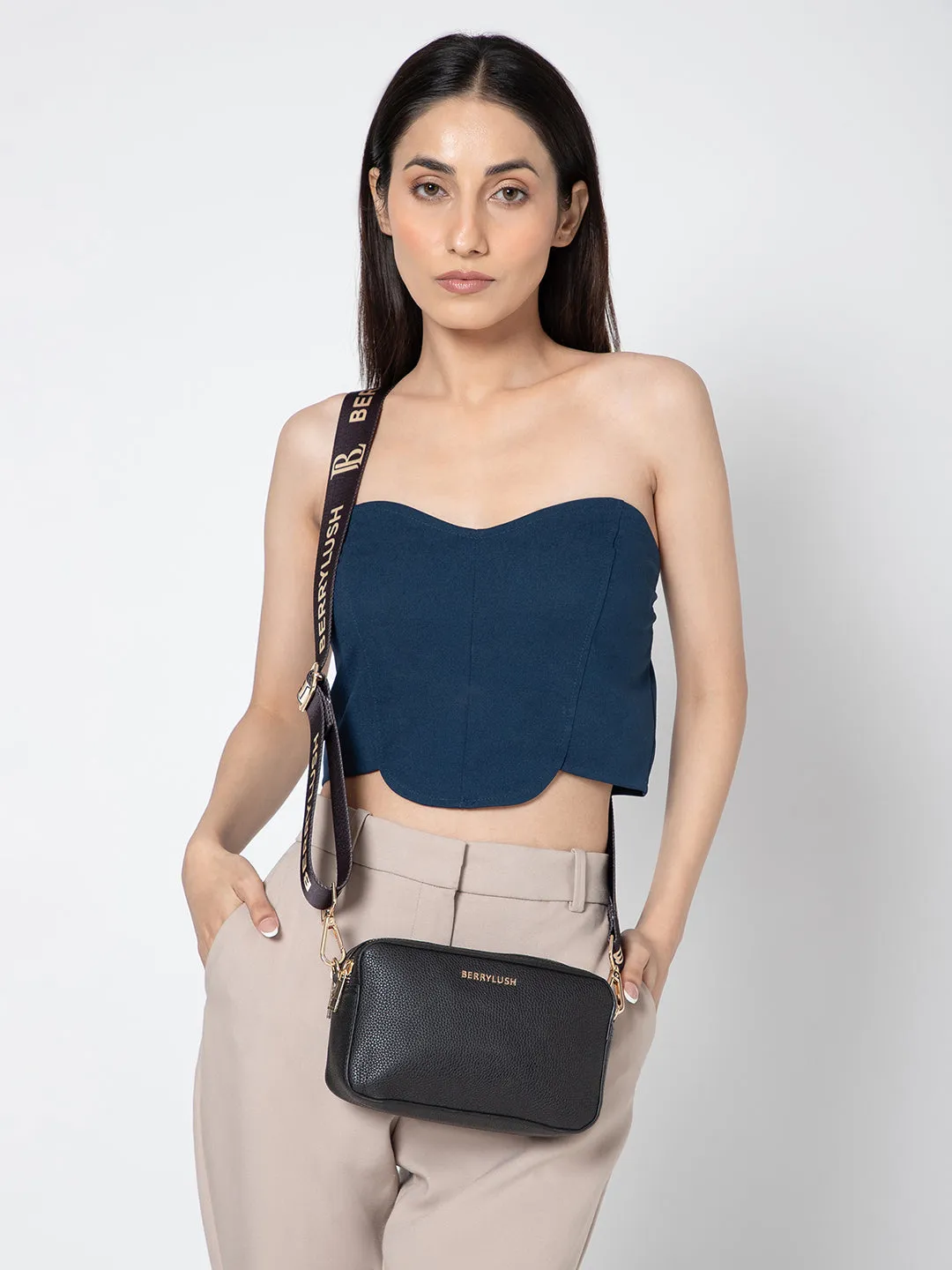 Berrylush Women Solid Black Synthetic Leather Detachable Strap Logo Embellished Regular Sling Bag