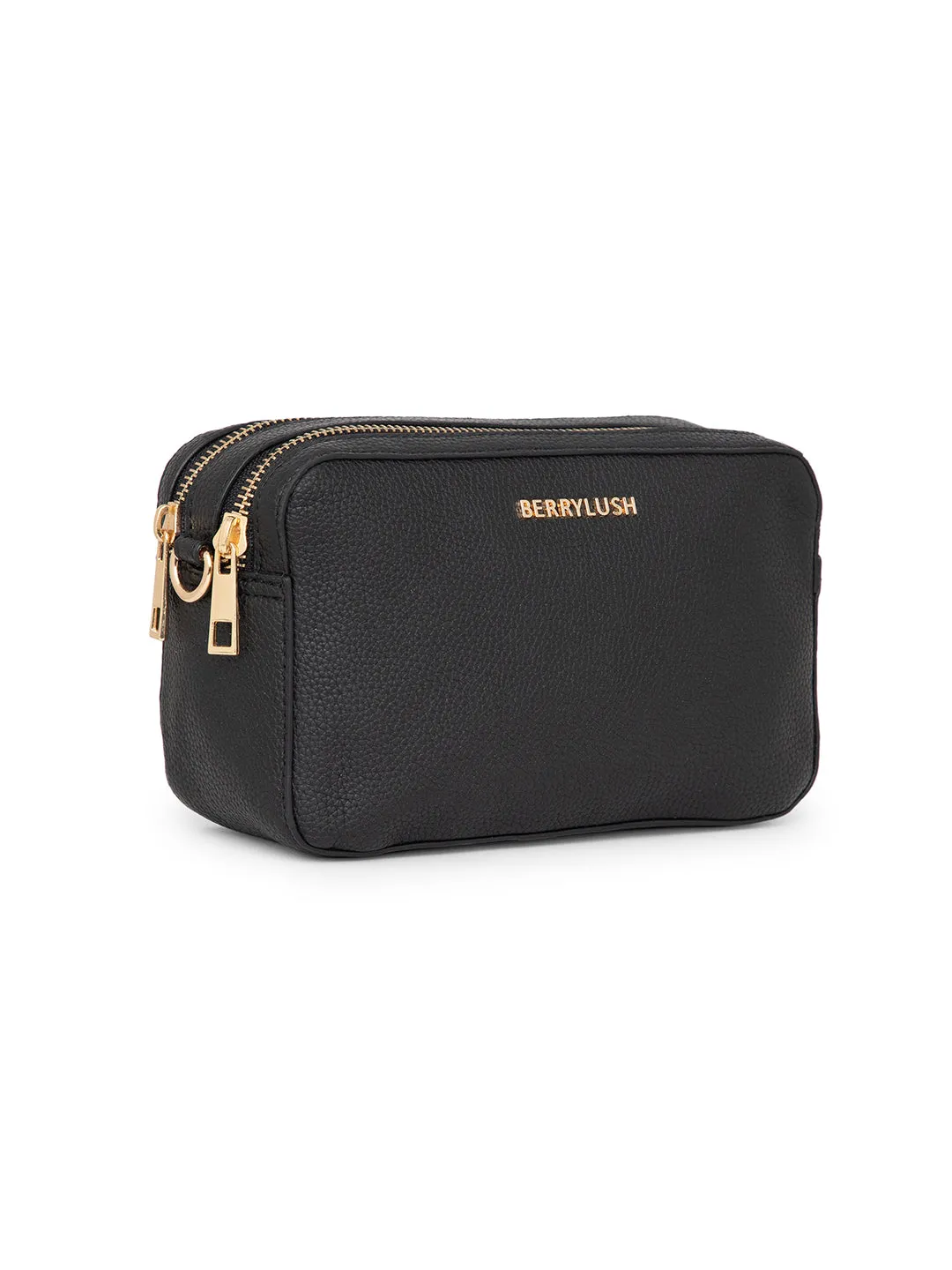Berrylush Women Solid Black Synthetic Leather Detachable Strap Logo Embellished Regular Sling Bag