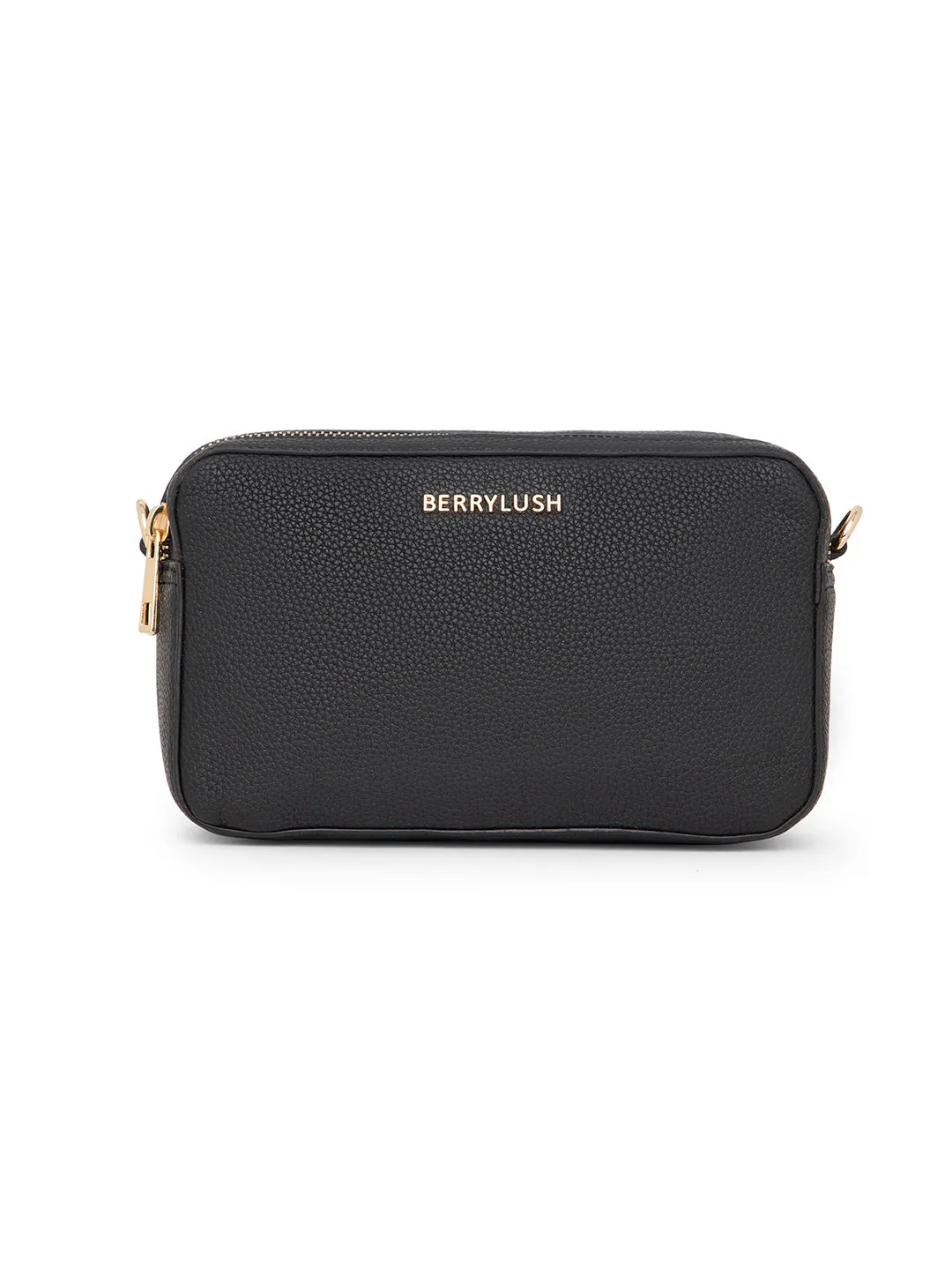 Berrylush Women Solid Black Synthetic Leather Detachable Strap Logo Embellished Regular Sling Bag