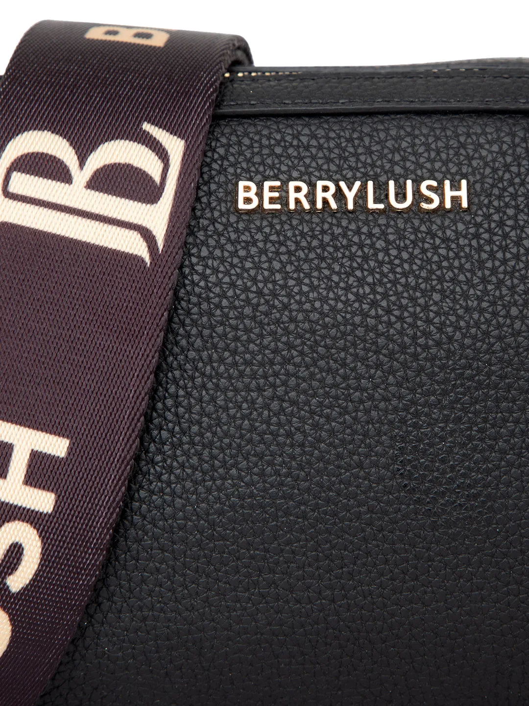 Berrylush Women Solid Black Synthetic Leather Detachable Strap Logo Embellished Regular Sling Bag
