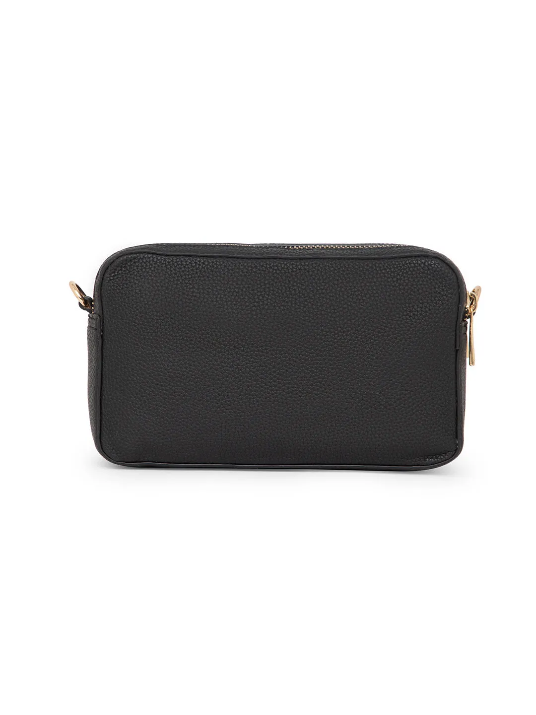 Berrylush Women Solid Black Synthetic Leather Detachable Strap Logo Embellished Regular Sling Bag