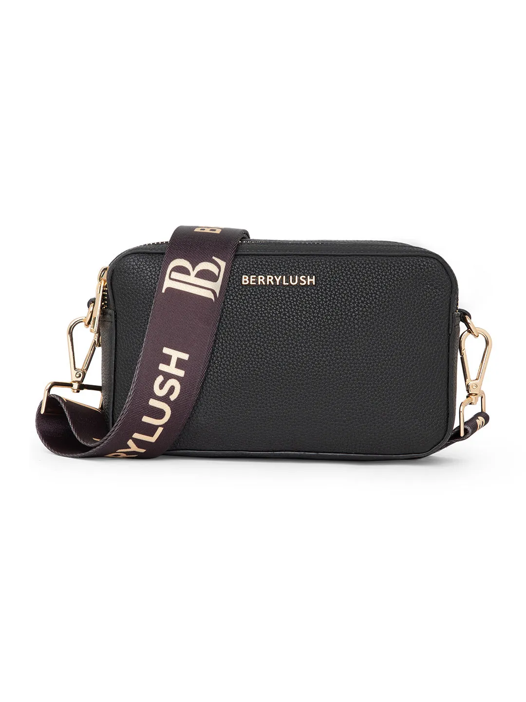 Berrylush Women Solid Black Synthetic Leather Detachable Strap Logo Embellished Regular Sling Bag