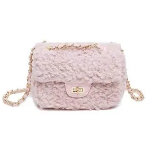 Faux Fur Chain Solid Crossbody Bag - Pink
