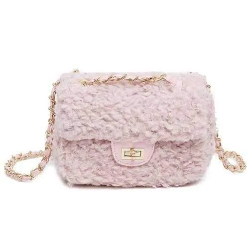 Faux Fur Chain Solid Crossbody Bag - Pink