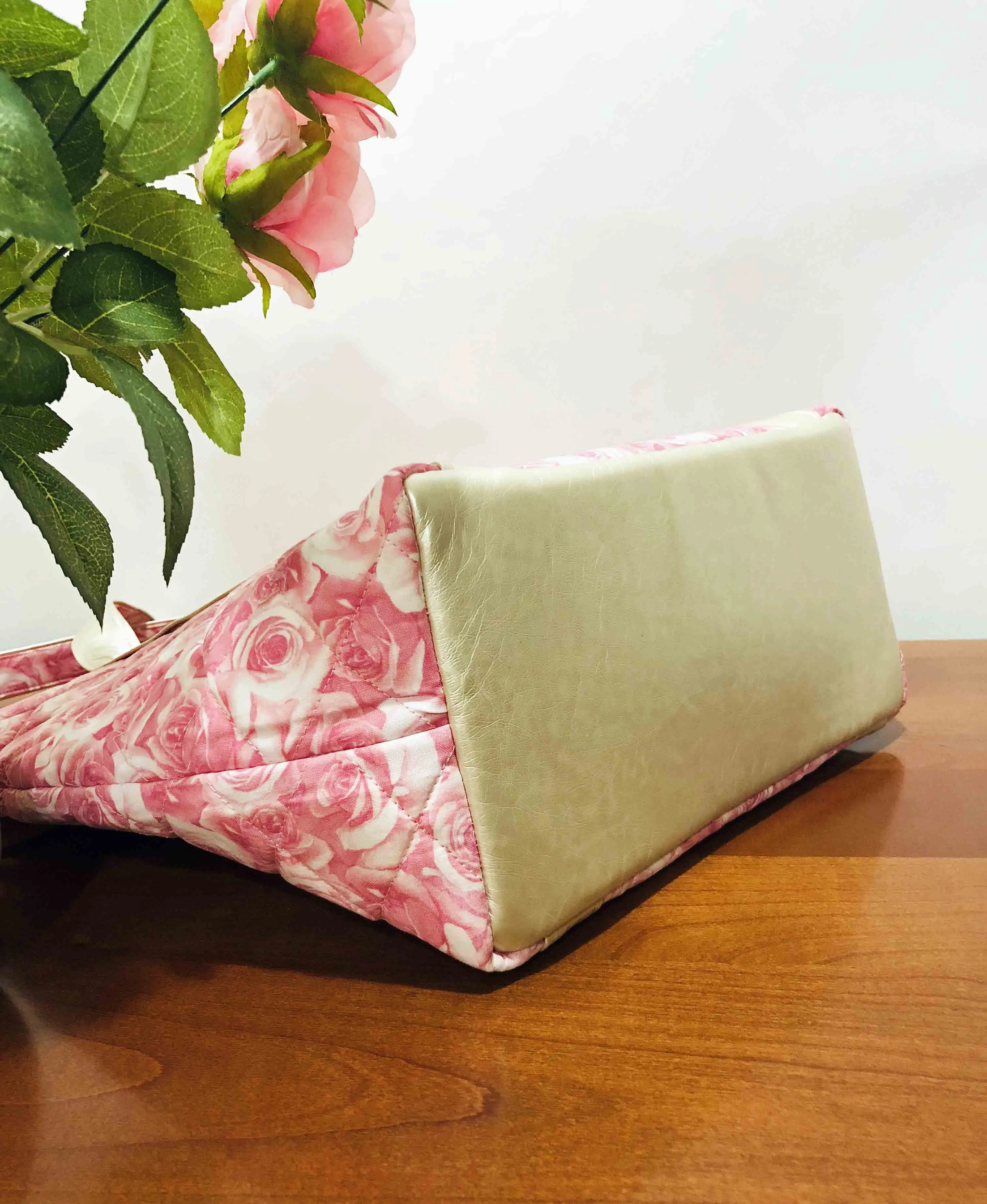 Handmade Large Cotton Quilted Shoulder Handbags - Pink Roses