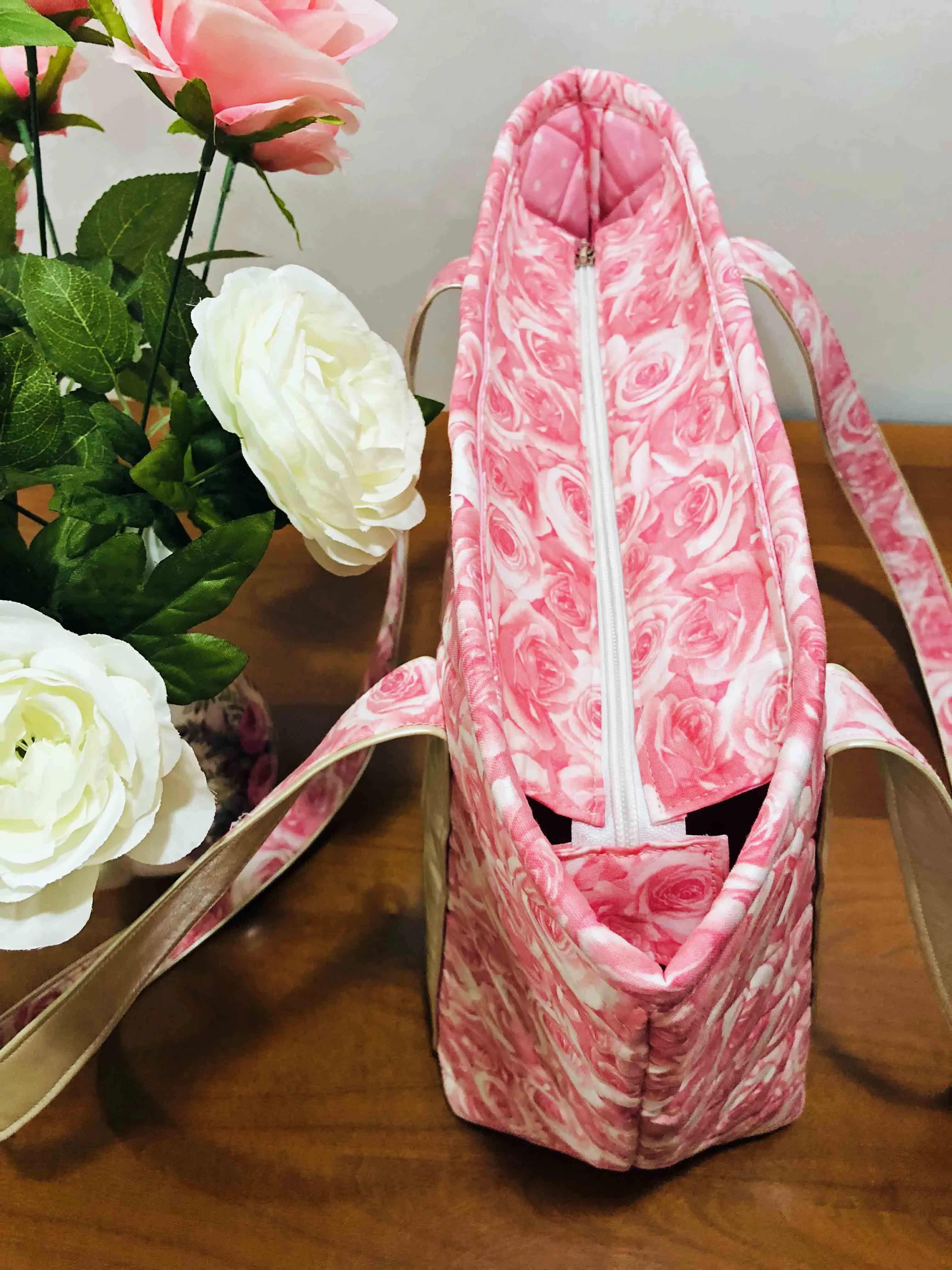Handmade Large Cotton Quilted Shoulder Handbags - Pink Roses