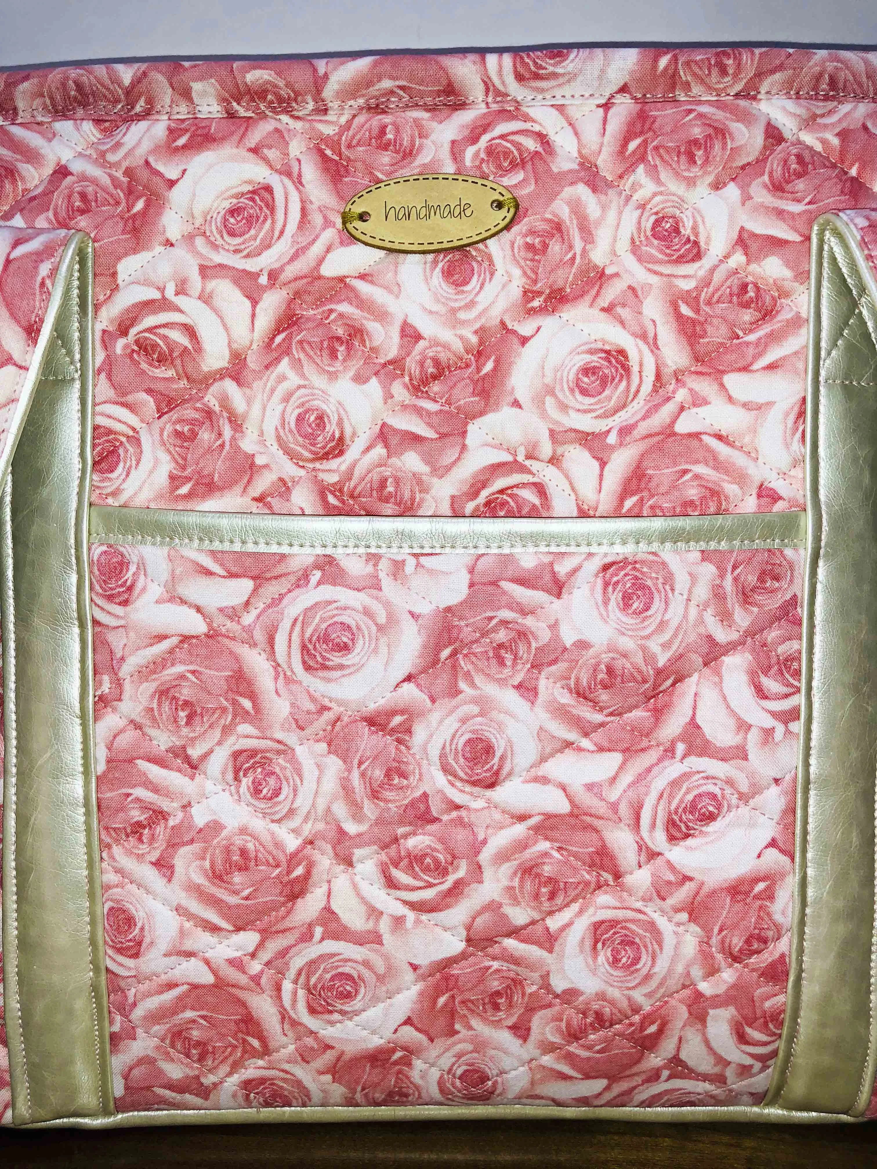 Handmade Large Cotton Quilted Shoulder Handbags - Pink Roses