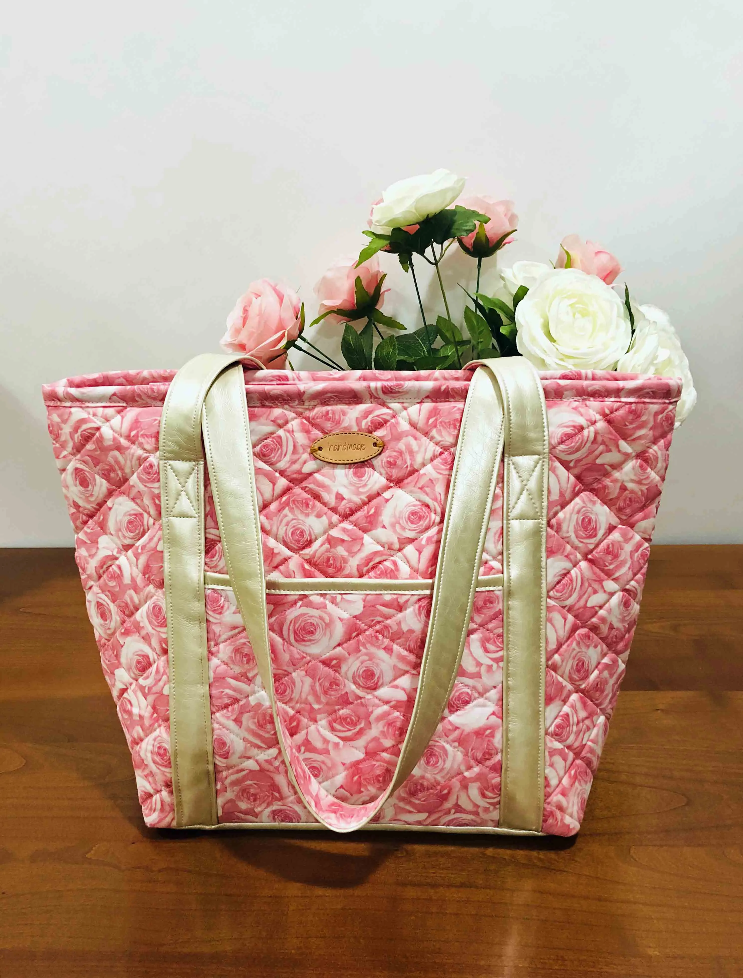 Handmade Large Cotton Quilted Shoulder Handbags - Pink Roses