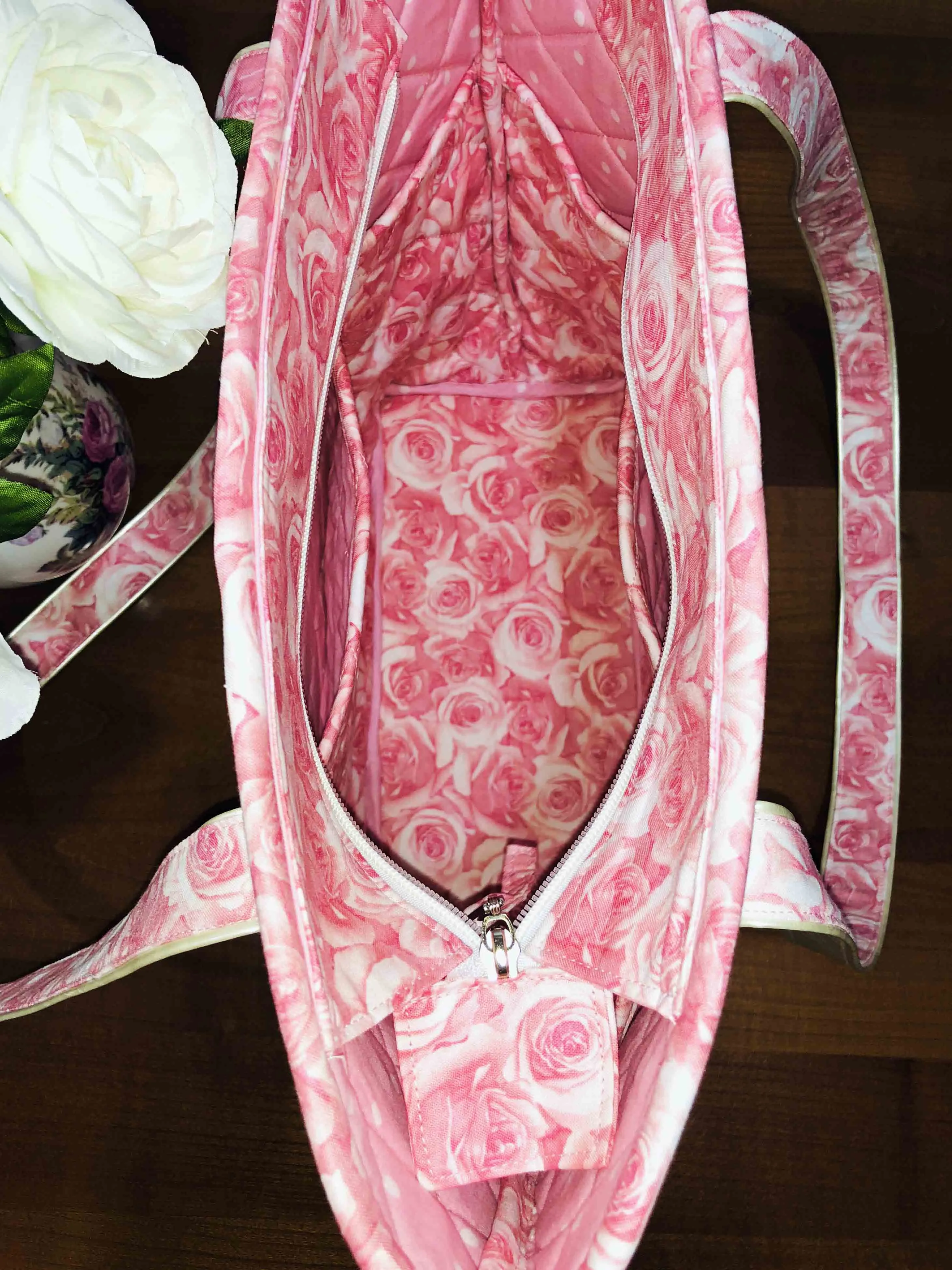 Handmade Large Cotton Quilted Shoulder Handbags - Pink Roses