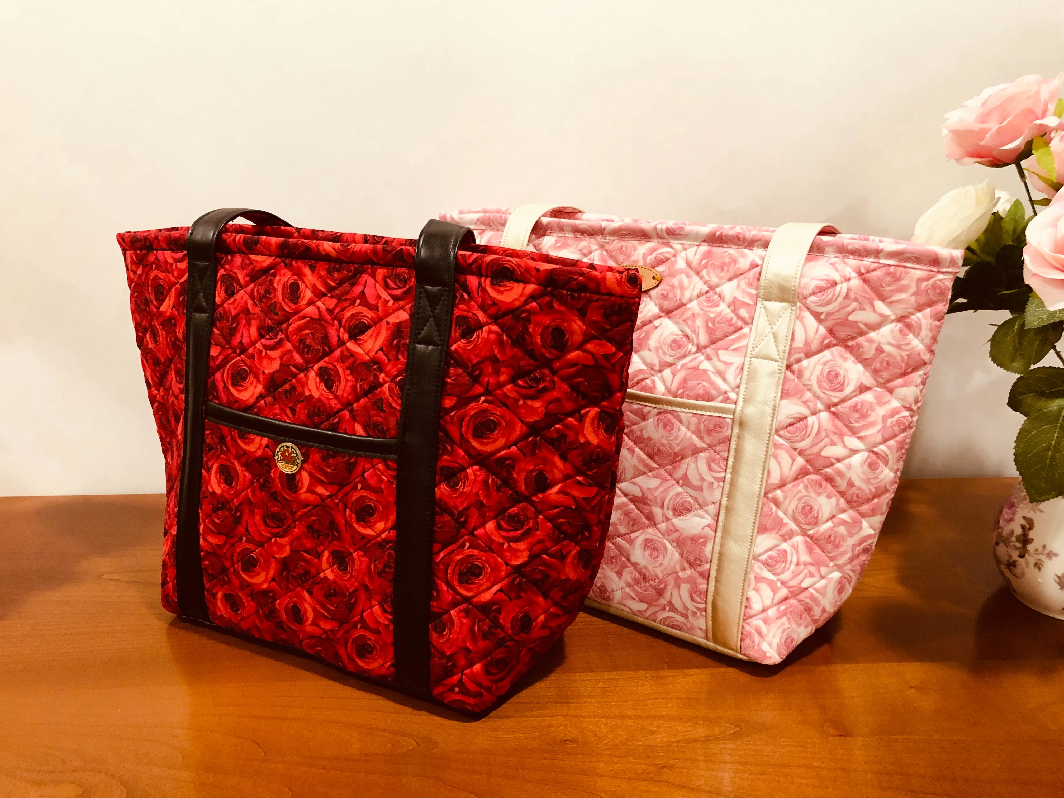 Handmade Large Cotton Quilted Shoulder Handbags - Pink Roses