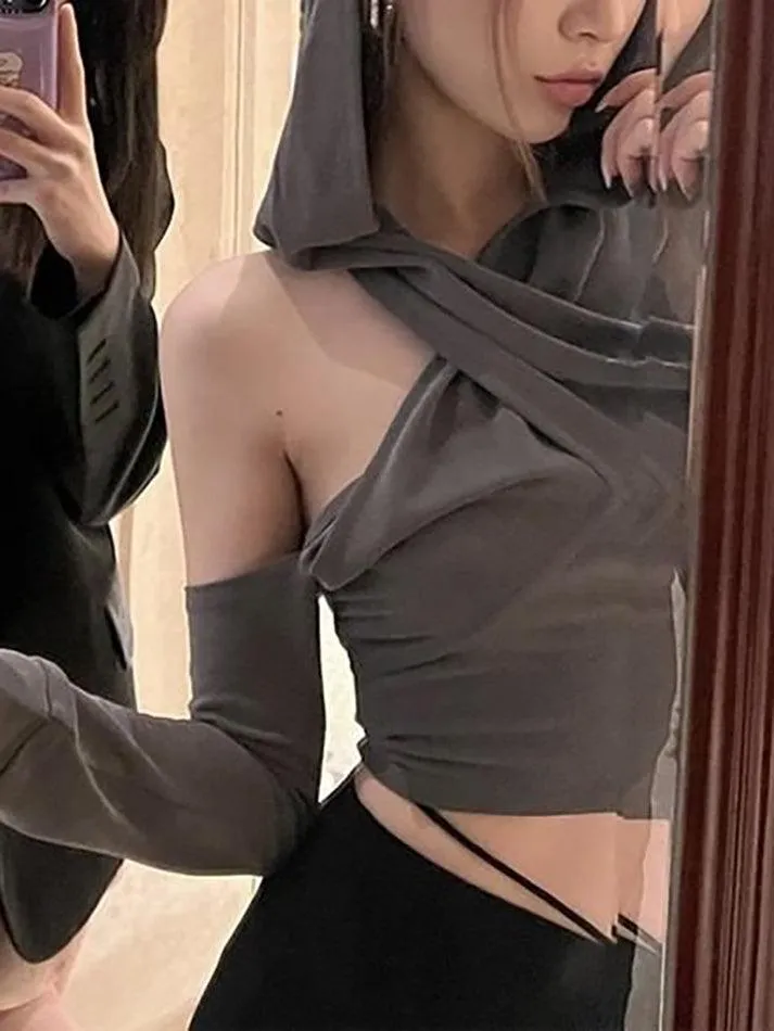 Long Sleeve Cold-Shoulder Hooded Plain Crop Top