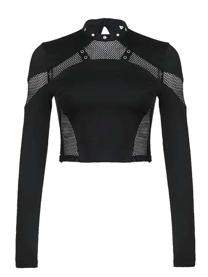 Long Sleeve Mesh Panel Plain Crop Top