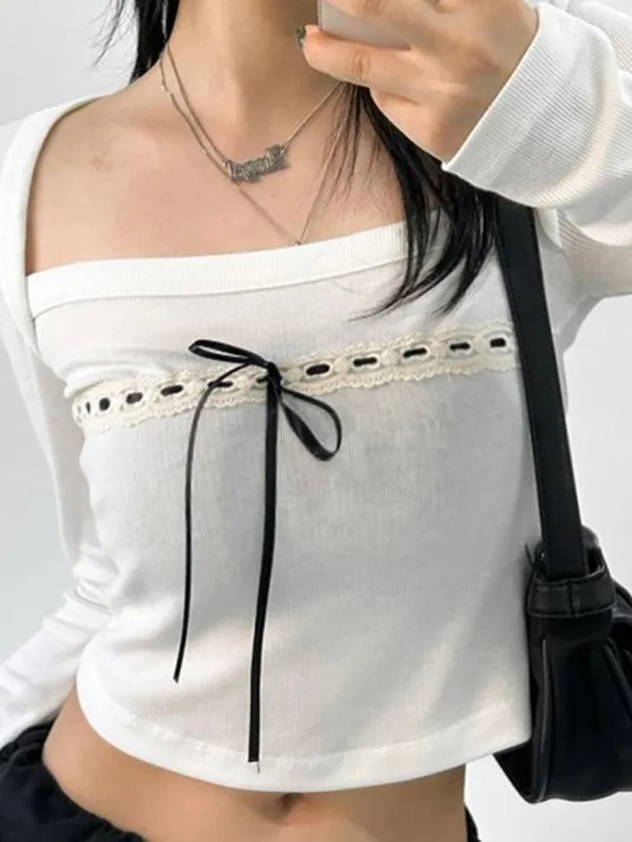 Long Sleeve Square-Neck Lace Panel Bow Accent Plain Crop Top