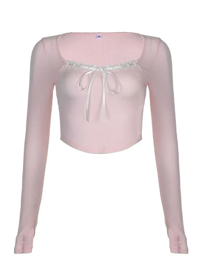 Long Sleeve Square-Neck Lace-Trim Bow Accent Crop Top