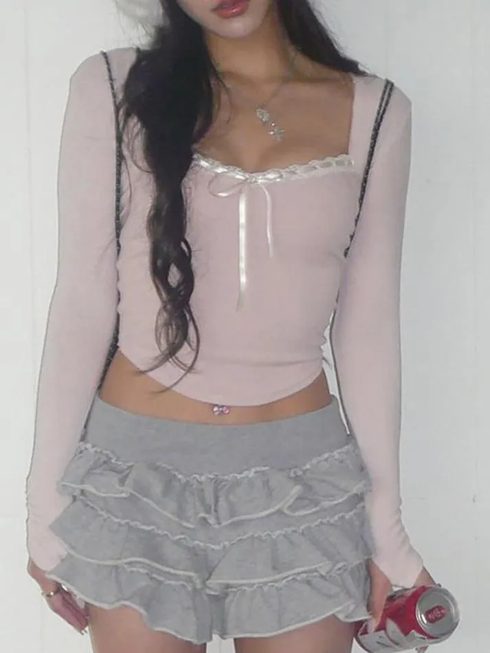 Long Sleeve Square-Neck Lace-Trim Bow Accent Crop Top