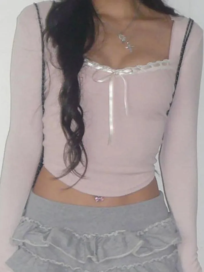 Long Sleeve Square-Neck Lace-Trim Bow Accent Crop Top