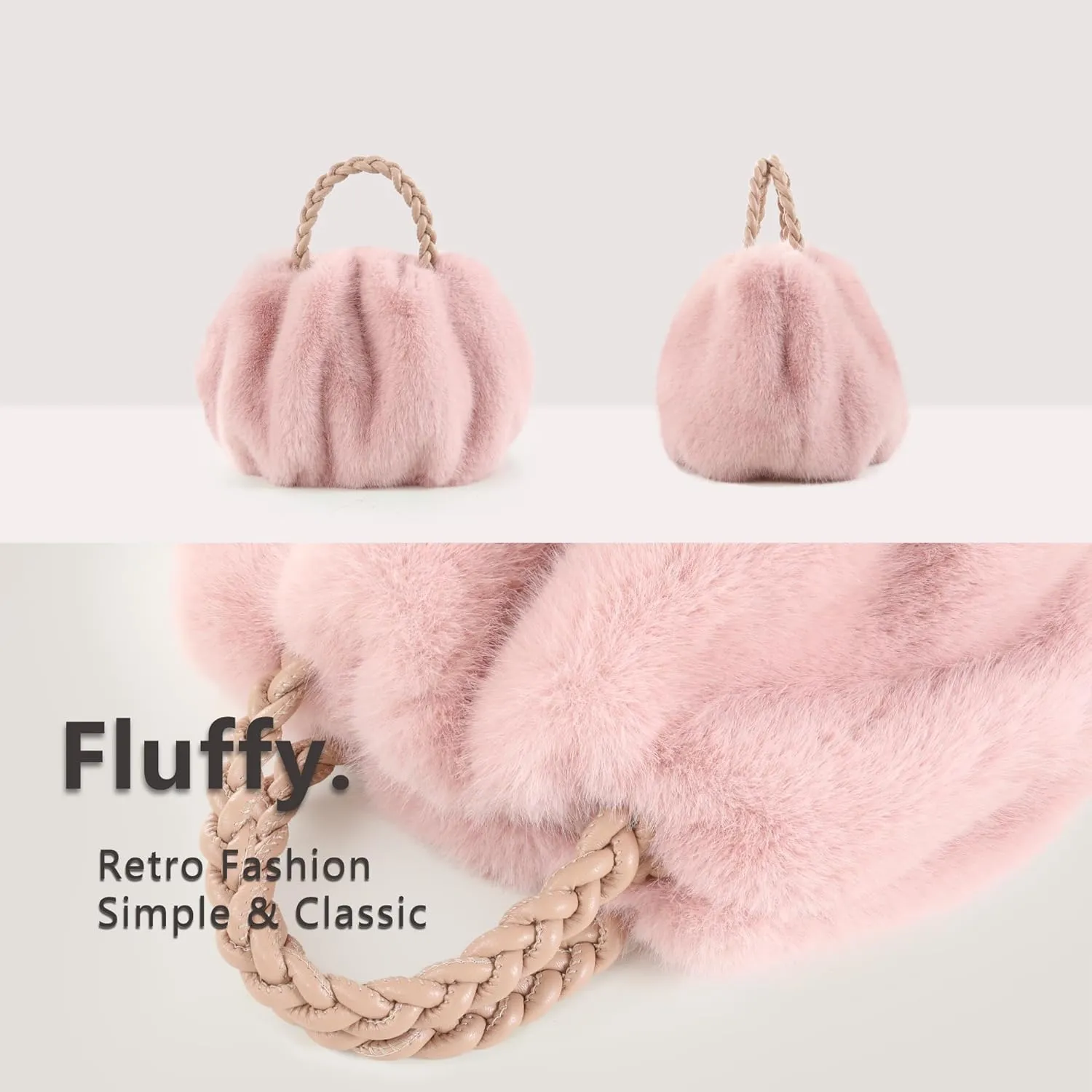 Luxuriously Soft Braided Handle Faux Fur Brown Handbag