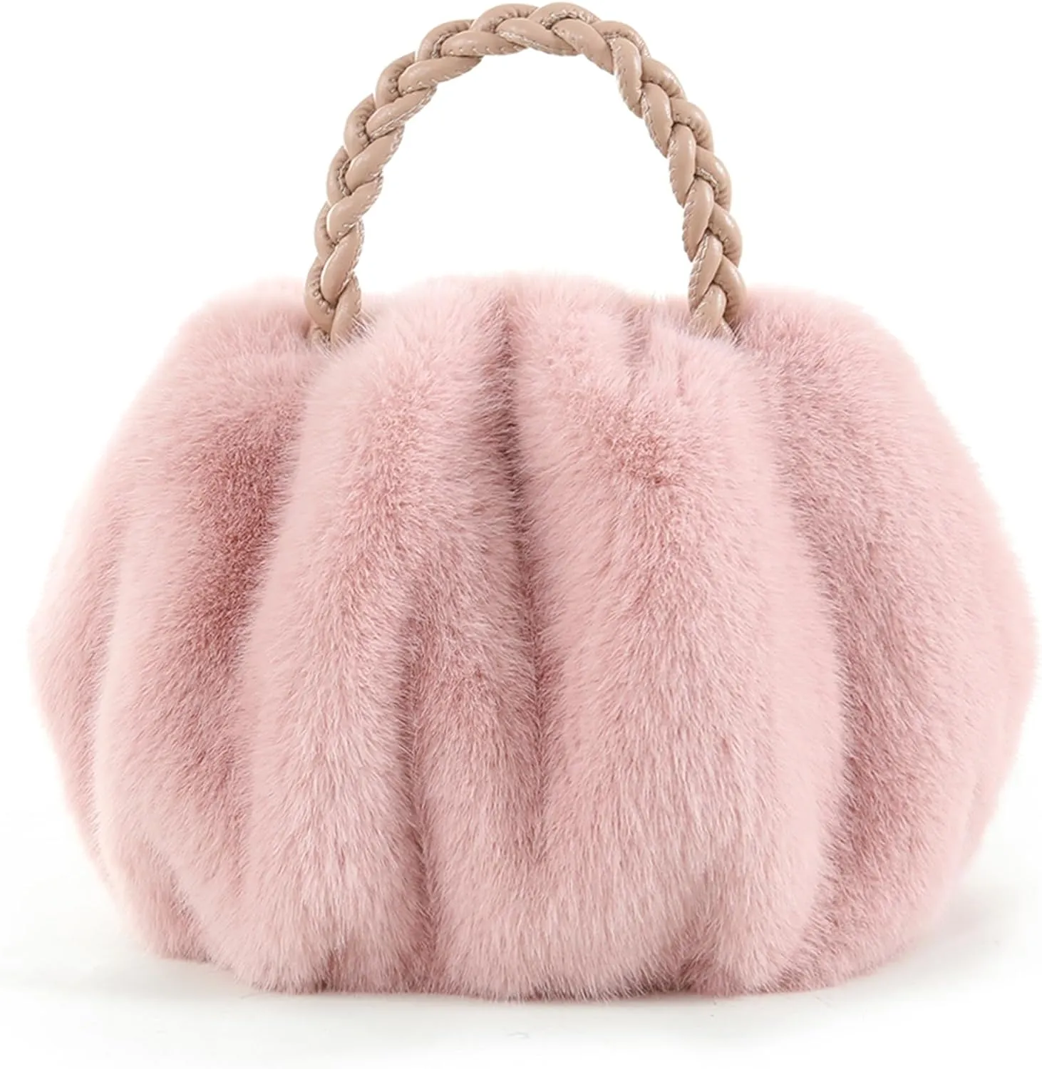 Luxuriously Soft Braided Handle Faux Fur Brown Handbag