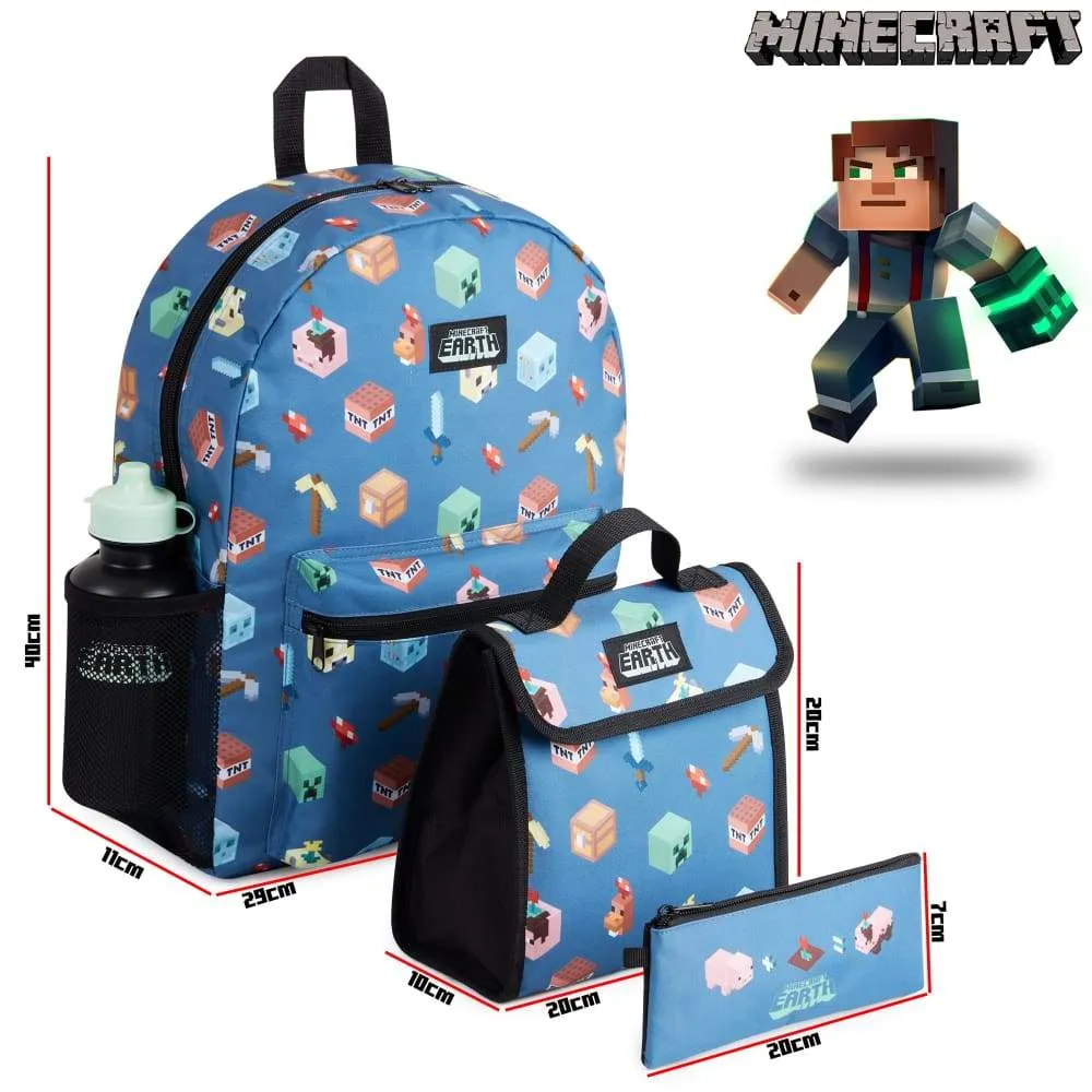 Minecraft Backpack Kids School Bag Set with Lunch Bag and Pencil Case (Blue)