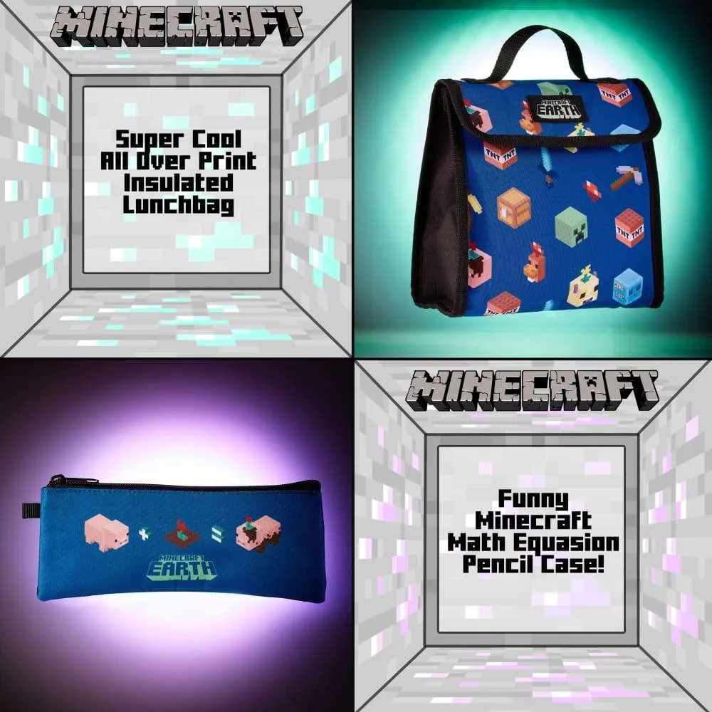 Minecraft Backpack Kids School Bag Set with Lunch Bag and Pencil Case (Blue)