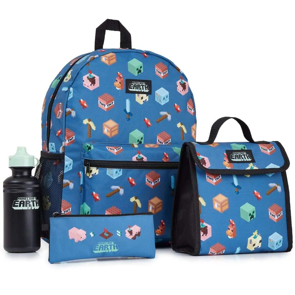 Minecraft Backpack Kids School Bag Set with Lunch Bag and Pencil Case (Blue)