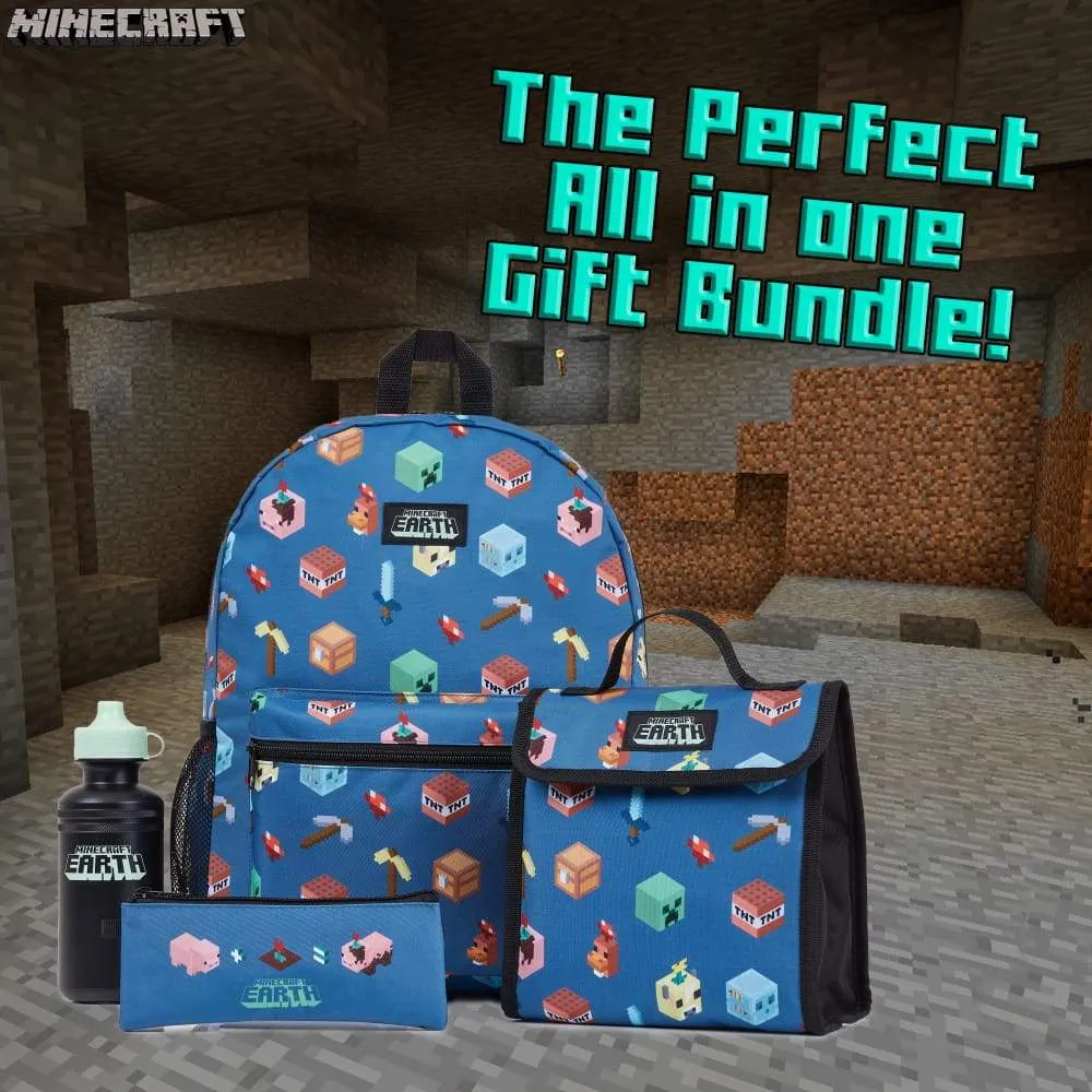 Minecraft Backpack Kids School Bag Set with Lunch Bag and Pencil Case (Blue)
