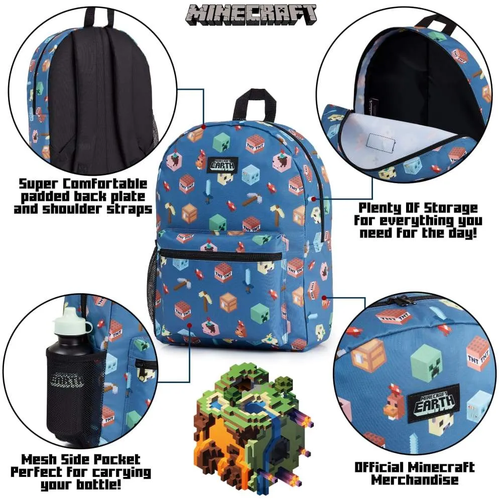 Minecraft Backpack Kids School Bag Set with Lunch Bag and Pencil Case (Blue)
