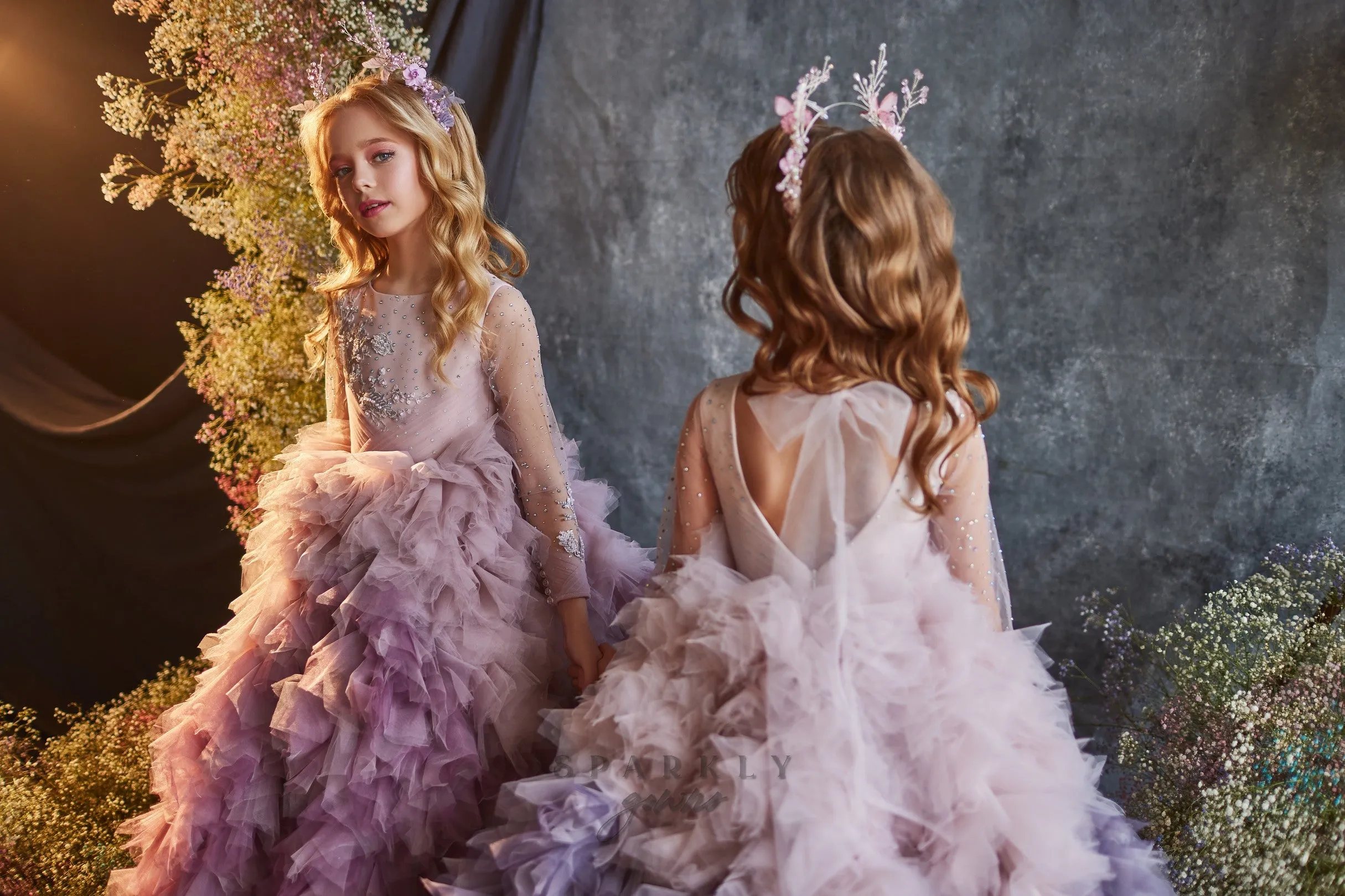 Ombre Long Sleeves Ruffles Ball Gown Flower Girl Communion Dress Celestial 3214