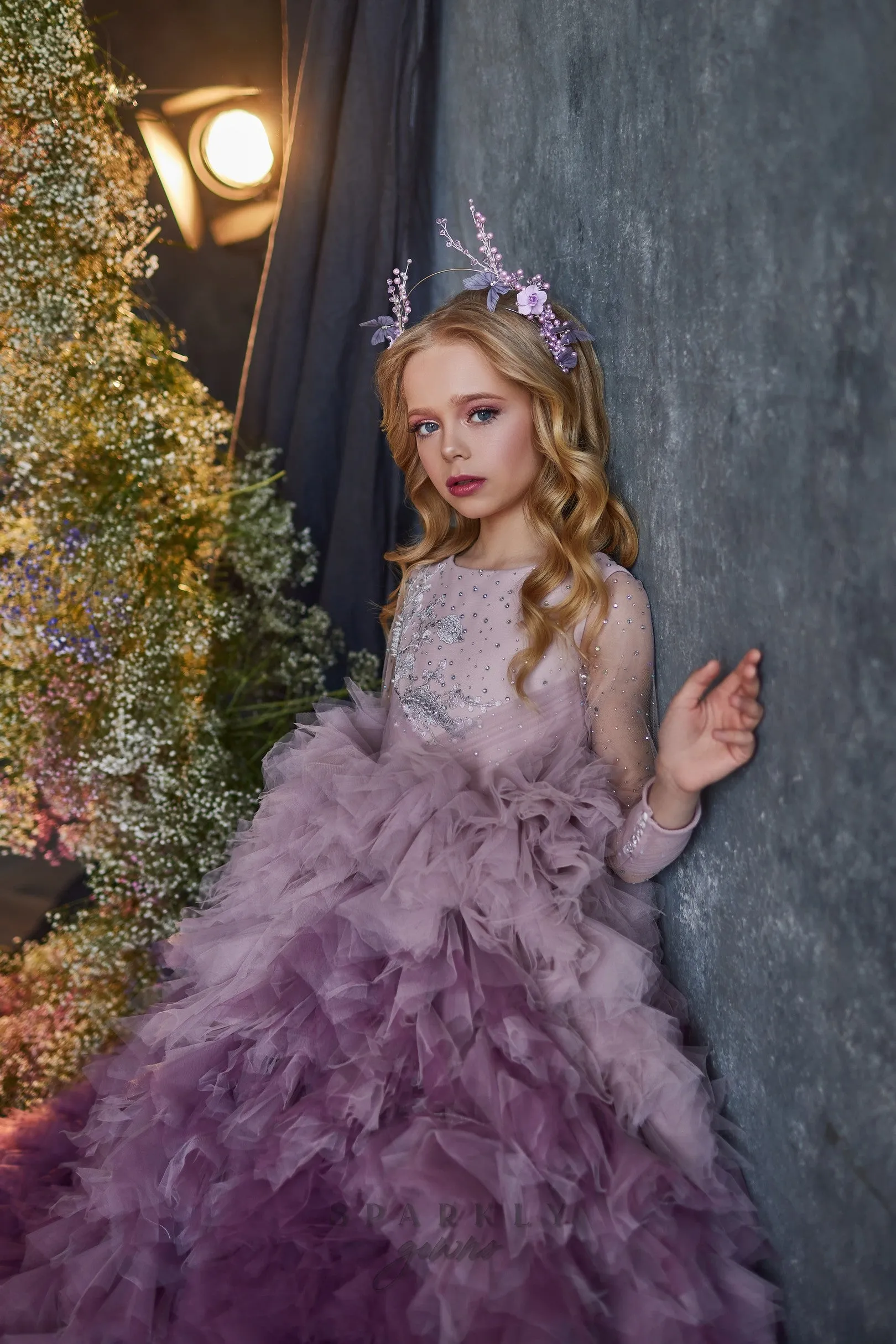Ombre Long Sleeves Ruffles Ball Gown Flower Girl Communion Dress Celestial 3214