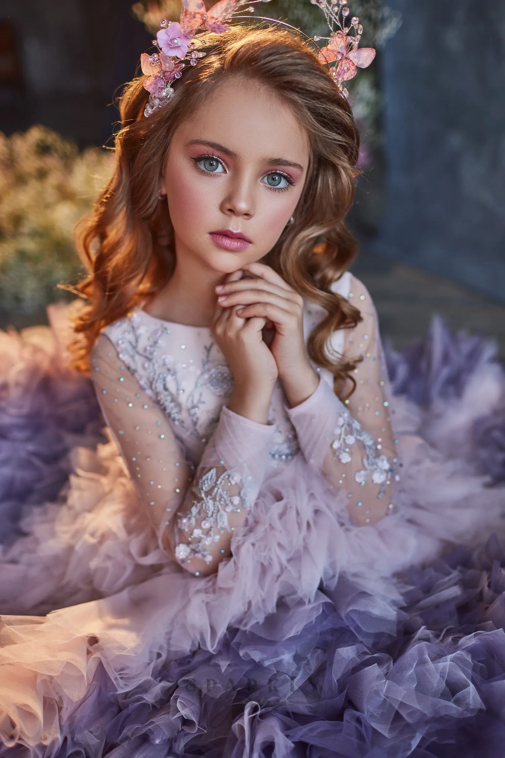 Ombre Long Sleeves Ruffles Ball Gown Flower Girl Communion Dress Celestial 3214