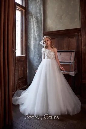 One-Shoulder Beaded Top A-line Skirt Princess Flower Girl Communion Dress Celestial 3141