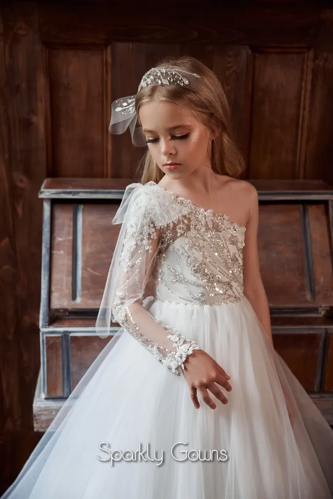 One-Shoulder Beaded Top A-line Skirt Princess Flower Girl Communion Dress Celestial 3141