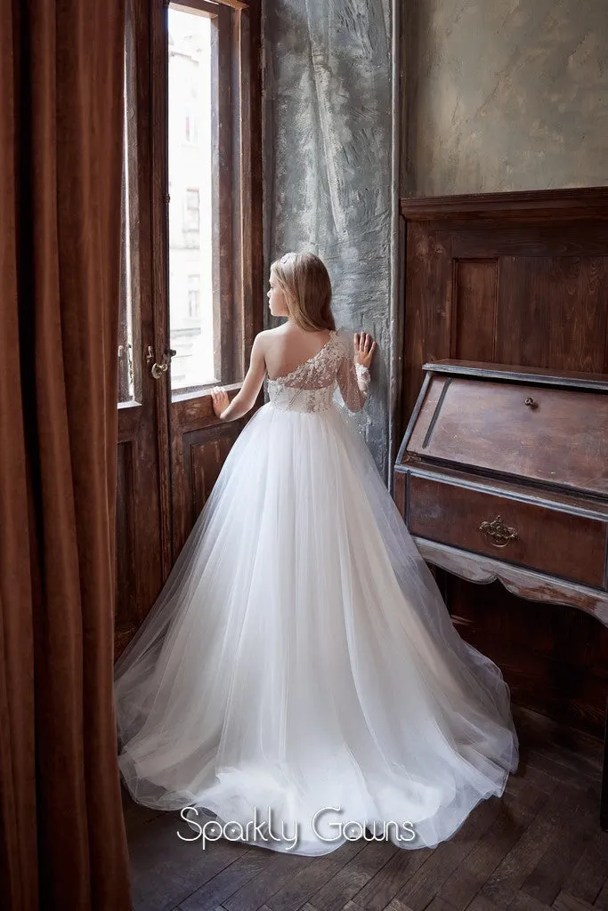 One-Shoulder Beaded Top A-line Skirt Princess Flower Girl Communion Dress Celestial 3141