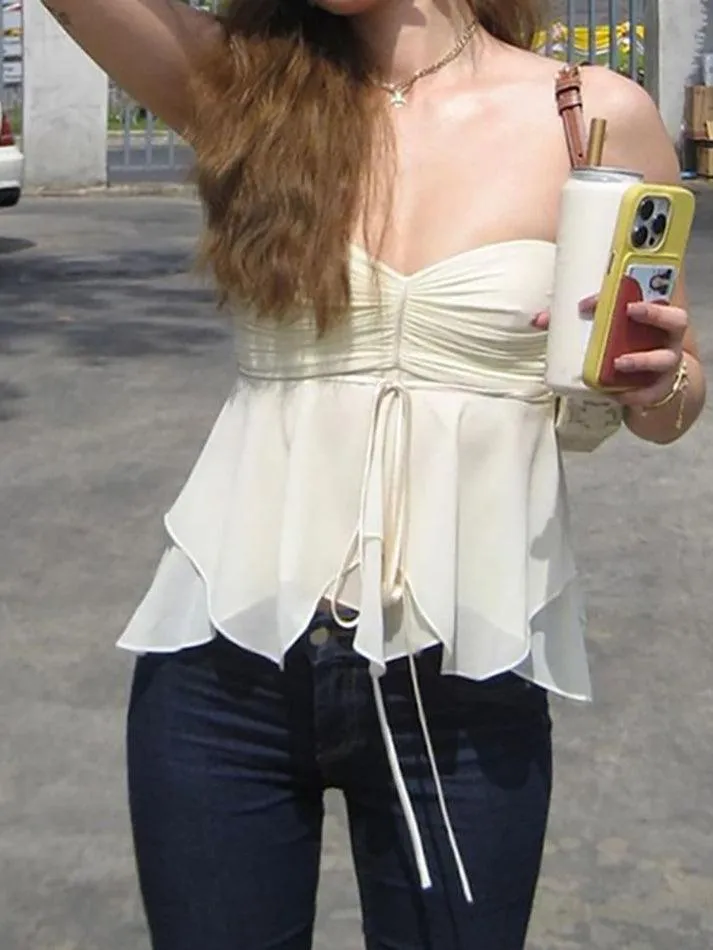 Plain Ruched Tie-Front A-Line Tube Top