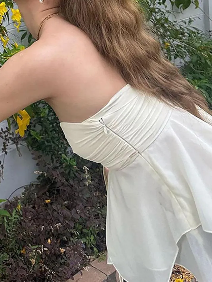 Plain Ruched Tie-Front A-Line Tube Top