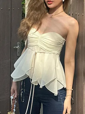 Plain Ruched Tie-Front A-Line Tube Top