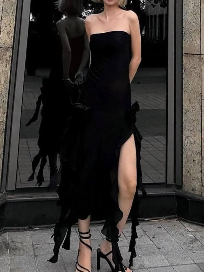 Ruffled Asymmetrical Plain Tube Dress