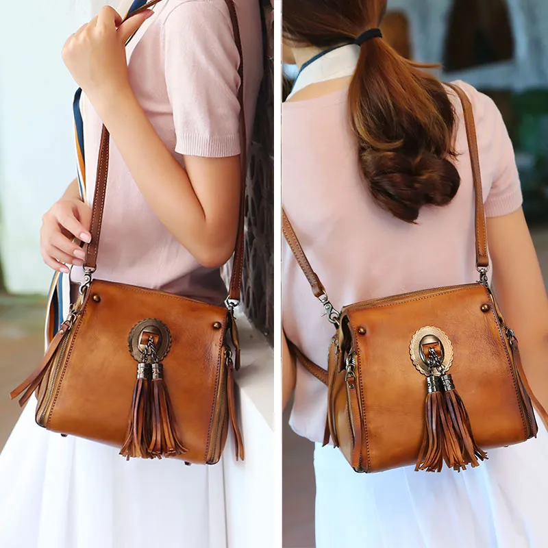 Small Womens Leather Fringe Backpack Purses Crossbody Handbags for Women