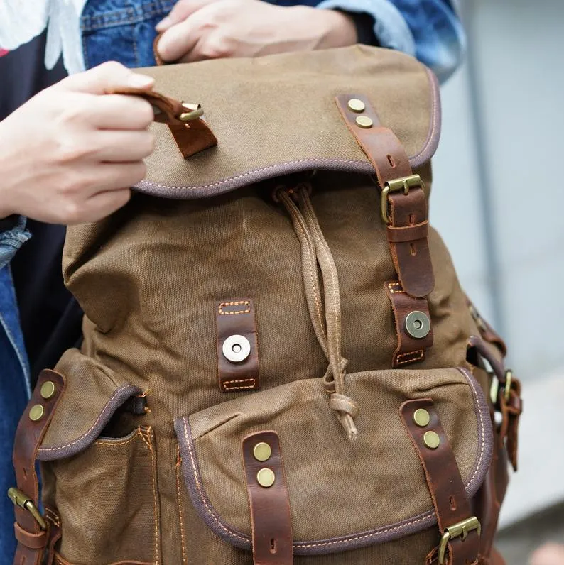 Vintage Waxed Canvas Backpack Waterproof for Men-Khaki