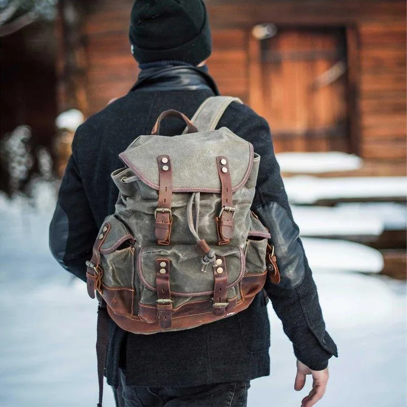Vintage Waxed Canvas Backpack Waterproof for Men-Khaki
