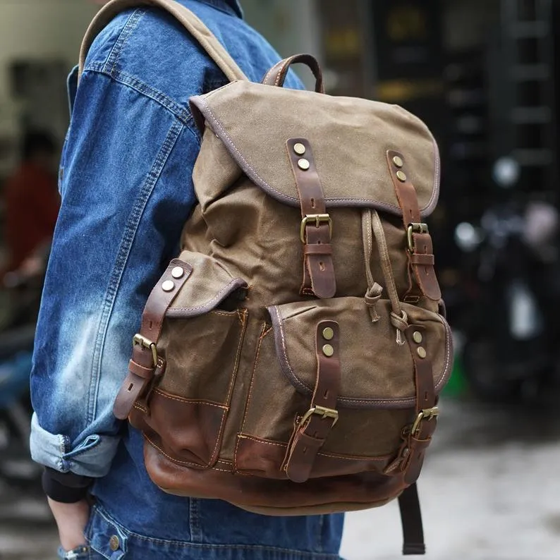 Vintage Waxed Canvas Backpack Waterproof for Men-Khaki