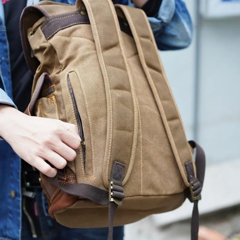 Vintage Waxed Canvas Backpack Waterproof for Men-Khaki