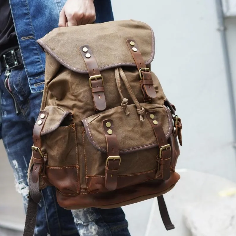 Vintage Waxed Canvas Backpack Waterproof for Men-Khaki